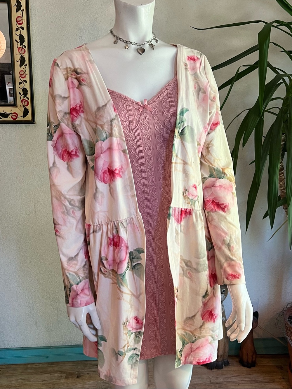 Cream Floral Open Cardigan with Pink Roses